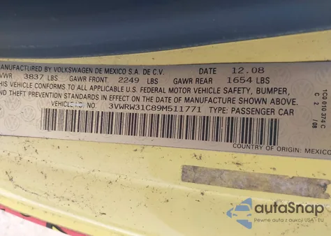 2009 Volkswagen New Beetle 2.5L из США, поврежденный, VIN 3VWRW31C89M511771